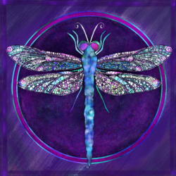 The Messenger of Shifting Sight calls you to perceive what lies both far above and deep within. With wings like nature’s stained glass and a gaze that drifts between worlds, it reveals that true clarity is found not in choosing one view, but in sensing them all. Blue dragonfly with ornate iridescent wings over a circle inscribed in a multitone purple background.