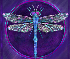 The Messenger of Shifting Sight calls you to perceive what lies both far above and deep within. With wings like nature’s stained glass and a gaze that drifts between worlds, it reveals that true clarity is found not in choosing one view, but in sensing them all. Blue dragonfly with ornate iridescent wings over a circle inscribed in a multitone purple background.