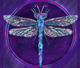 The Messenger of Shifting Sight calls you to perceive what lies both far above and deep within. With wings like nature’s stained glass and a gaze that drifts between worlds, it reveals that true clarity is found not in choosing one view, but in sensing them all. Blue dragonfly with ornate iridescent wings over a circle inscribed in a multitone purple background.