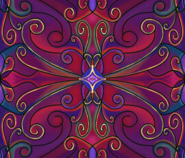 A scroll of fire and flourish—gilded spirals and blooming arcs—emerging from a passionate, jewel-toned heart.
