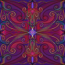 A scroll of fire and flourish—gilded spirals and blooming arcs—emerging from a passionate, jewel-toned heart.