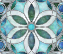 Serene, underwater elegance with glowing blues, intricate geometric patterns, and a mosaic-inspired design.