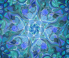 An oceanic tapestry of swirling blues and teals. Sweeping lines and delicate patterns suggest movement—like water and wind waltzing through an eddy.