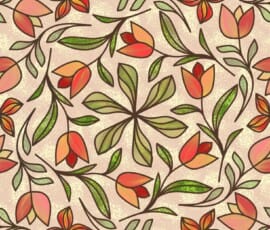 A warm, sunlit composition built from rounded petal forms in amber, coral, and soft gold, interwoven with olive-green leaves. The pattern radiates outward in a gentle rotational rhythm, with curved stems guiding the eye in looping pathways. The background carries a light, parchment-like warmth, enhancing the sense of openness and air. The overall effect is lively yet grounded—an inviting, orchard-like arrangement where color and form feel abundant but never crowded.