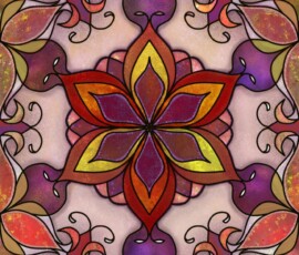 A luminous pattern of embered petals unfolds into a living trellis, where fire and form meet in quiet reciprocity. Inspired by cycles of renewal, Cherryfire Phlox reflects the hidden exchange between depletion and restoration—where even the faintest spark may rise and flourish once more. Its symmetrical floral geometry, rich in warm burgundy, plum, and golden hues, blends flowing, Art Nouveau–like curves with stained-glass structure, while subtle shimmer and layered textures create a tactile, softly radiant surface.